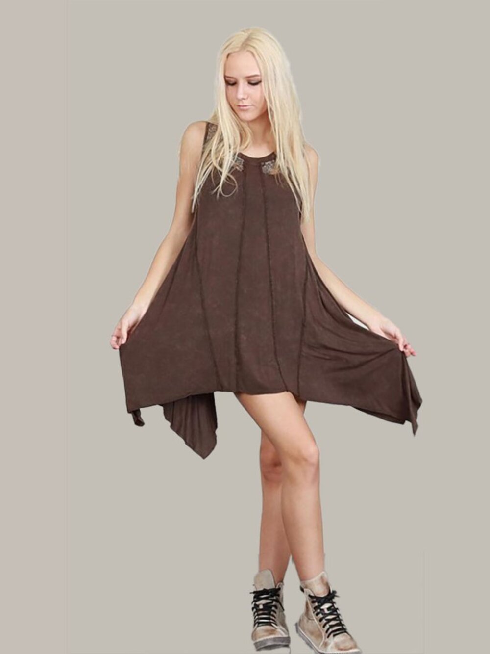 New POL Boho Asymmetrical Hem Tunic Dress Size L | Mineral Wash | Lace Detail